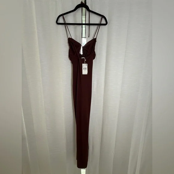 MANGO Chocolate Brown Ruched Cutout Maxi Dress | Vacation, Date Night Size M - Picture 8 of 11